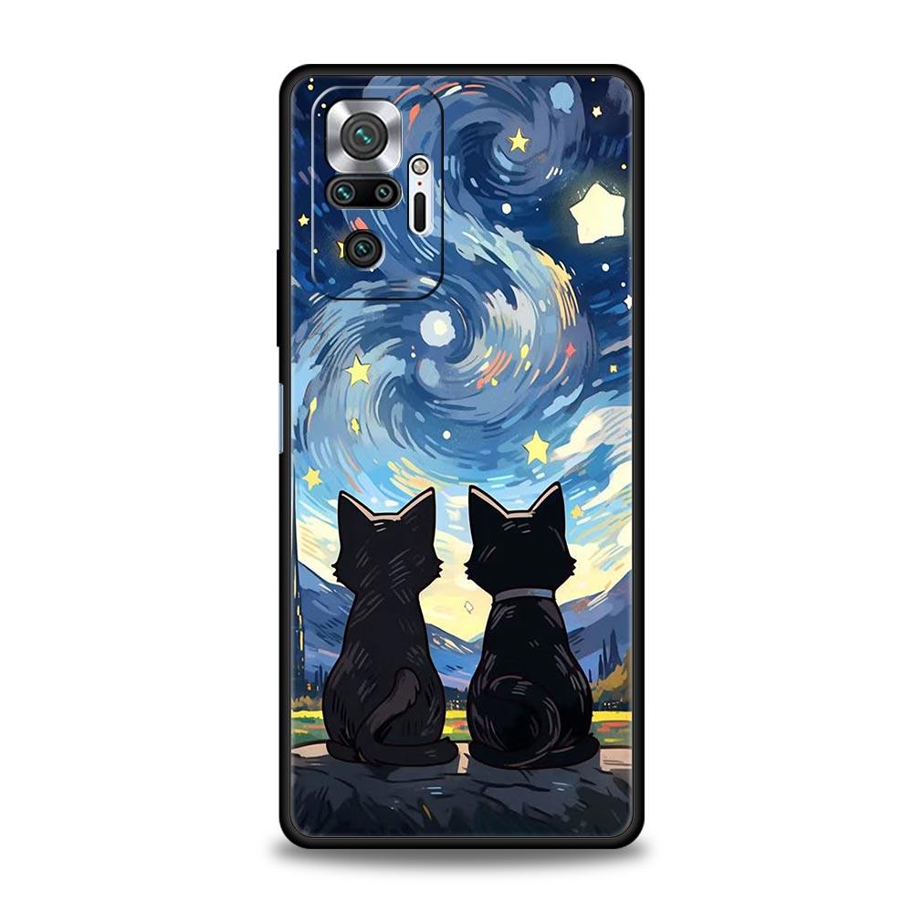 Чехол для телефона 'Кот Ван Гог Звездная ночь' для Xiaomi Redmi Note 14 13 5G 10 11 12 Pro Plus 4G 14C 13C 12C 10C Черный