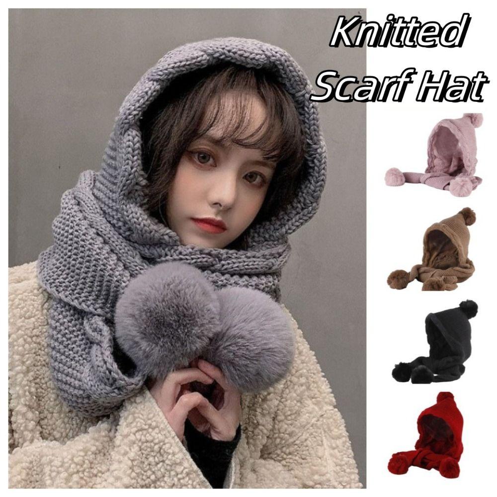 Ear Protection Women Hooded Scarf Twist Cycling Balaclavas Hat Knitted Hat Scarf Set All-match