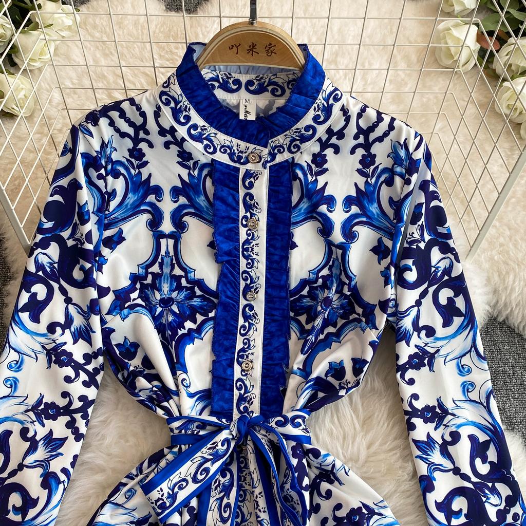 Весна-Осень, желтый, красный, синий и белый фарфоровый халат с принтом, женские вечерние платья с расклешенными рукавами и поясом на шнуровке