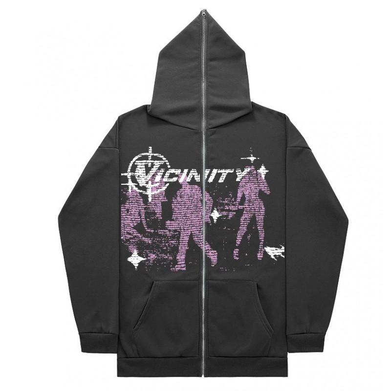 Oversized Hooded Zip-Up Sweatshirt With Vintage Graphic Print Streetwear Unisex Casual Pullover