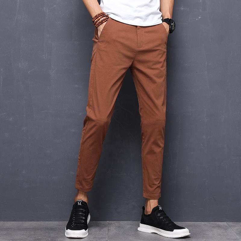 Summer Korean Version of Cropped Pants for Men with Slim Fit and Small Feet, Pure Cotton Men's Casual Pants, Elastic Trendy Pants, Men's Thin Style