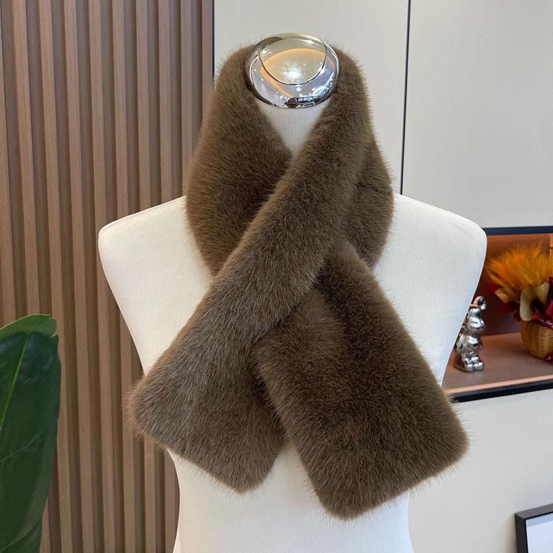 Women's Scarf Winter Warm Thicken Cross Collar Muffler Solid Color Faux Rabbit Fur Cold Proof Scarves Soft Furry Neck Warmer