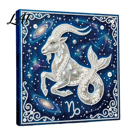 Handmade Faux Pearl Painting Kit DIY Kit 12 Zodiac Signs Rhinestone Art Set for with Wooden Frame Adults Beginners Fake Wall Decoration