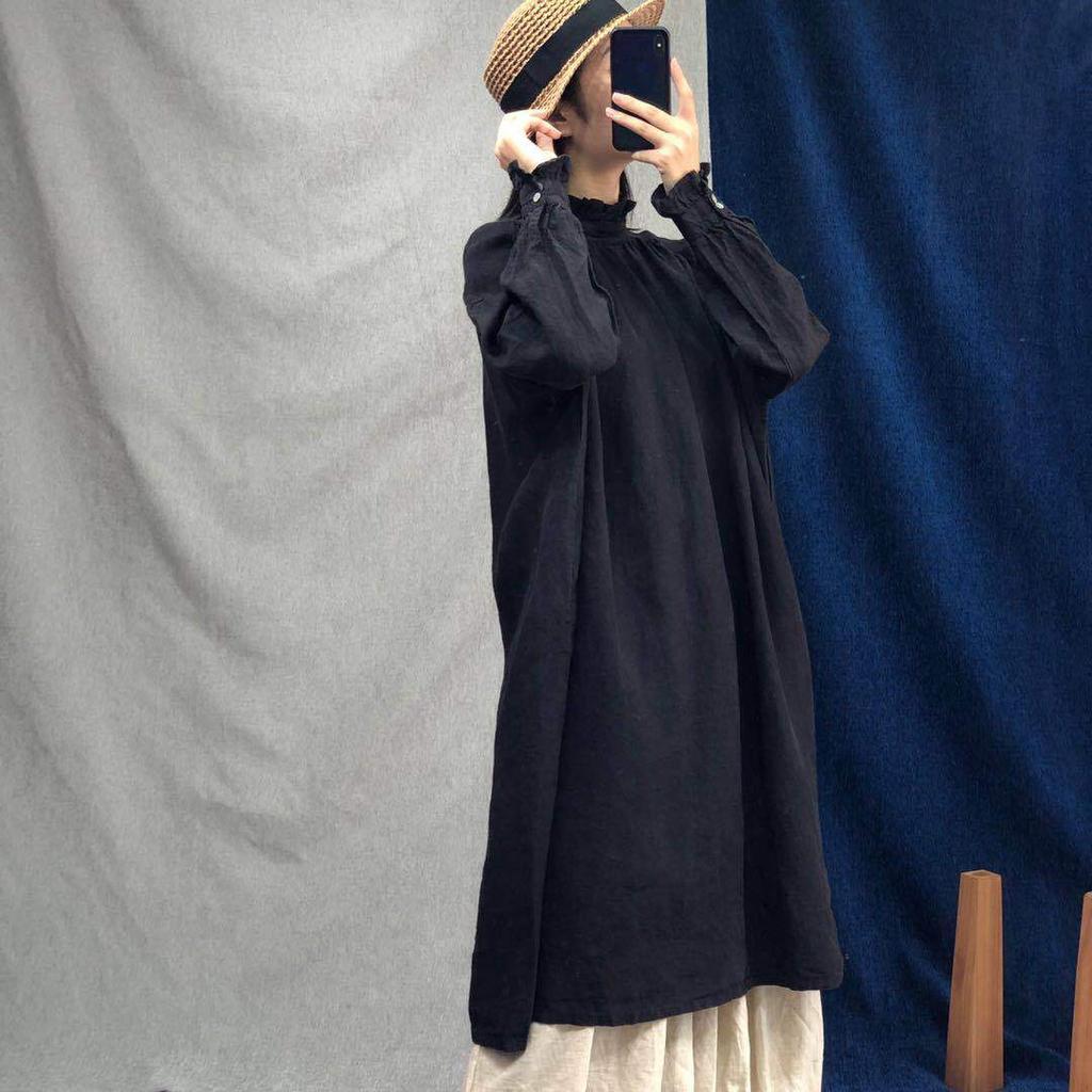 Johnature Осенние винтажные льняные халаты, женские повседневные однотонные свободные платья с оборками и воротником, женское платье с длинными рукавами