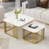 Flieks Square Coffee Table Set of 2, Modern Living Room Table with Marble Veneer, High Gloss Nesting Table with Storage, White and Gold