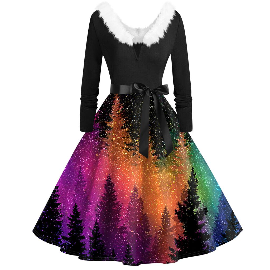 Женская мода с v-образным вырезом, повседневные тонкие рождественские платья с воротником из волос и длинными рукавами с принтом