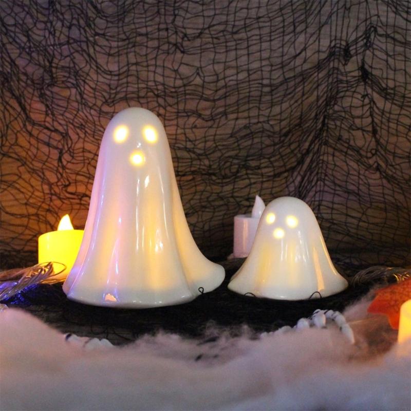 62KD 2Pcs LED Lighted Ceramics Specters Ghostly Figurine Sculpture Creative Table Centerpieces Glowing Lamp Halloween Decors