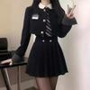 Women's Spring/Autumn American College Style Three-Piece Set: Short Blazer, High-Waisted Slimming Pleated Skirt