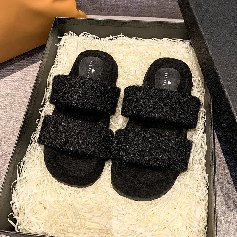 Интернет знаменитости популярные пушистые тапочки с толстой подошвой женская одежда 2024 новая мода простые высокочувствительные домашние хлопковые тапочки прилив