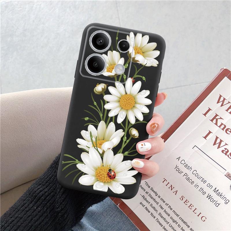 Чехол для телефона Redmi 13C 4G 12C A3 A2 A1 Plus Note 13 Pro для Xiaomi 14 Poco C65 X6 X3 Pro противоударный бампер с цветочным котом и мраморным рисунком, черный чехол