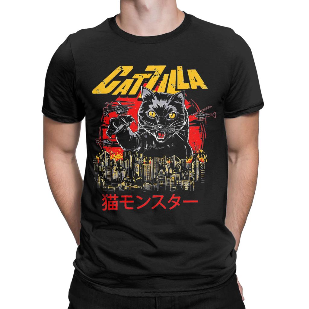 Harajuku Catzilla Kitten Lover T-Shirt Unisex Crewneck Short Sleeve Top Tee 100%Cotton Summer Top Tee