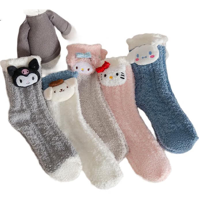 LangSha Coral Fleece Socks for Women, Thickened with Fleece Lining, Cute Cartoon Mid-Calf Socks, Warm Winter Sleep Socks, Home Floor Socks