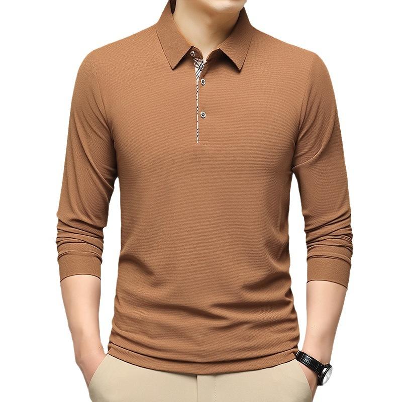 Осенний новый мужской свитер, однотонный, для среднего возраста, с воротником-поло, с длинными рукавами, облегающая рубашка для мужчин