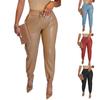 Women Fashion Solid Color Drawstring Pocket PU Leather Casual Leggings Pants