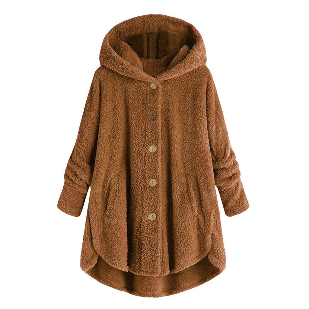 Women Plus Size Button Plush Tops Hooded Loose Cardigan Wool Coat Winter Jacket
