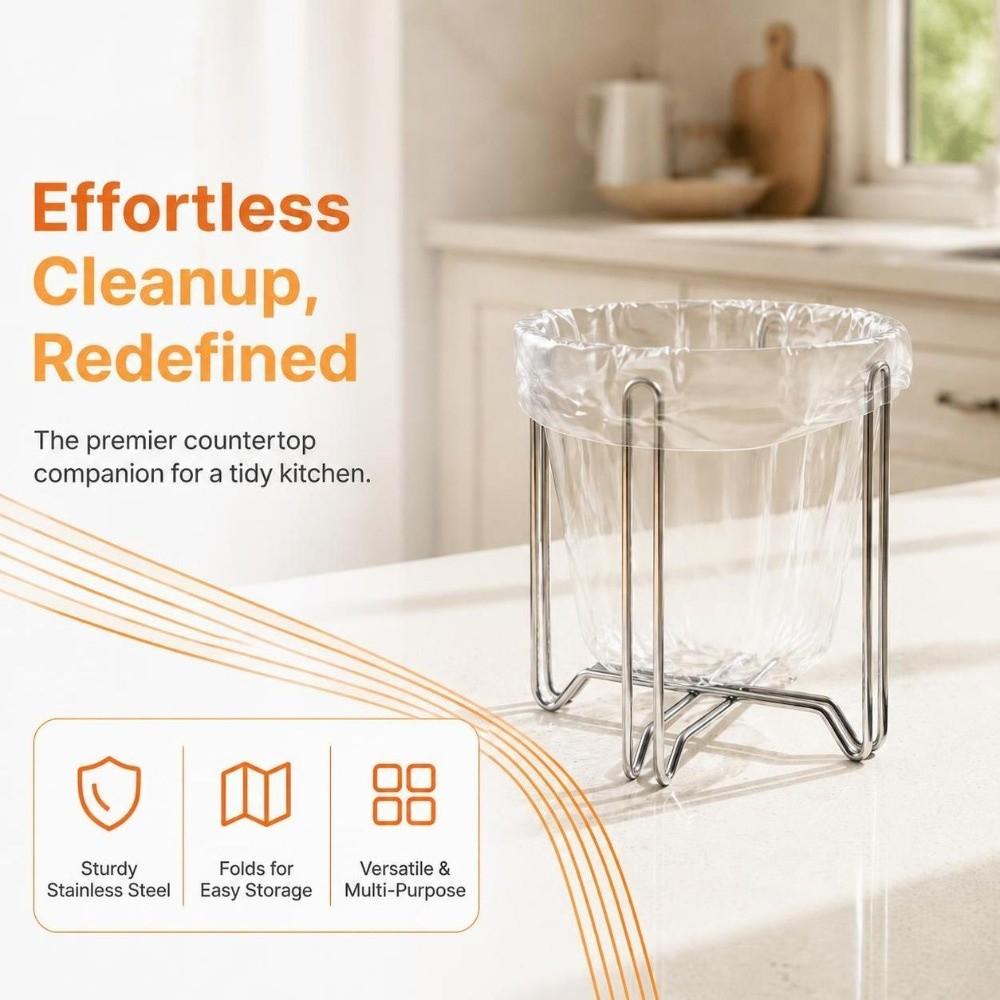 Stainless Steel Trash Bag Rack Portable Waste Organizer Stand Kitchen Use
