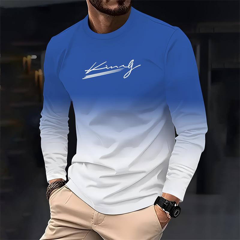 Spring and Autumn Gradient Men's Casual Loose Long Sleeve T-shirt Fashion Crewneck Polyester T-shirt Comfortable Men's Wear