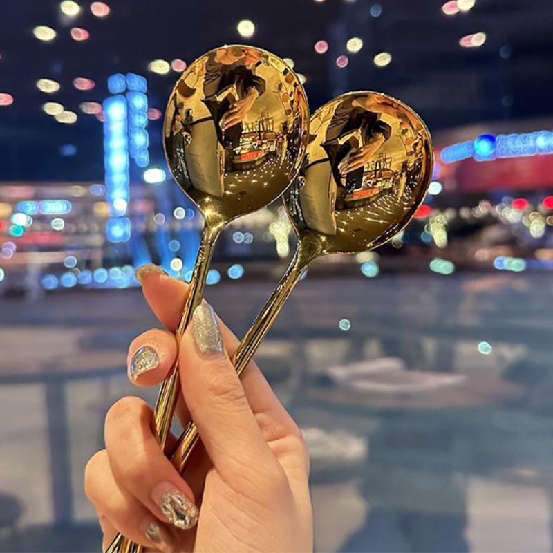 Нержавеющая сталь, круглая ложка с большой головкой, чистая, красная, золотистая, для ужина, с длинной ручкой, десертные ложки для перемешивания, кухонные аксессуары, гаджеты