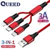 QUEED 3 In 1 Fast Mobile Phone Cable Fast Charger Micro USB Cable Type C Android Charging Cable for IPhone 3 Circle for Charging