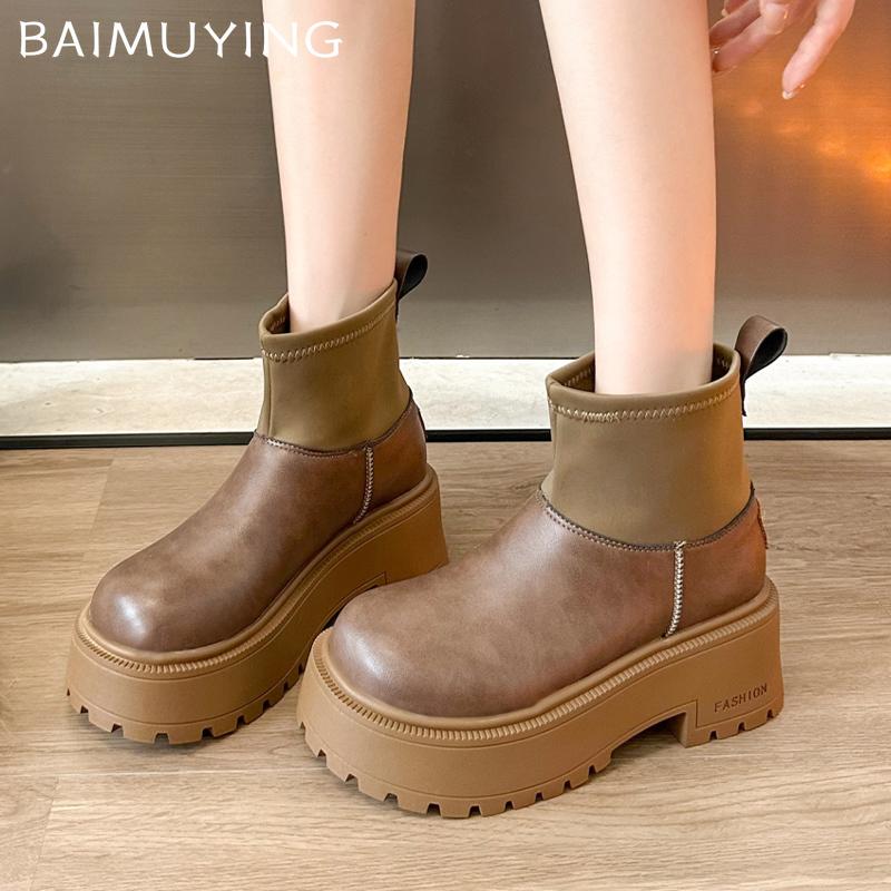 Women Leather Platform Women Ankle Boots Fashion Mid Heels Winter Shoes 2025 Trend New Brand Chunky Pumps Goth Botas De Mujer