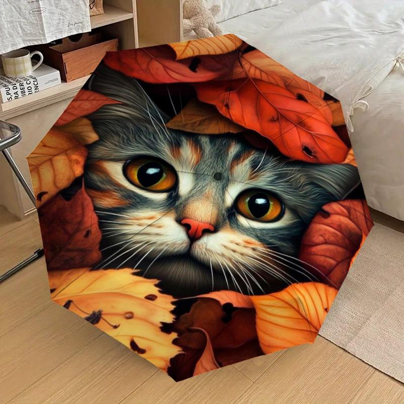 1pc Autumn Leaves Cat Print Automatic Folding Umbrella - Compact 8-Rib Design,Perfect Gift for Friends & Family yy250926017