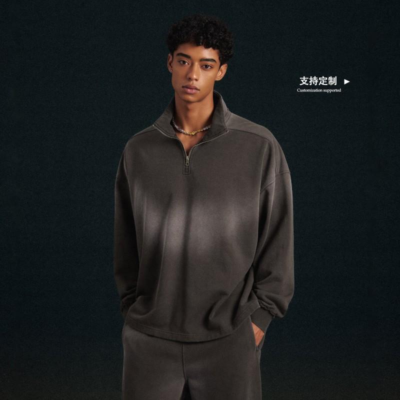 Vintage Half-Zip Sweatshirt Men Women 465GSM Heavyweight Stand Collar Distressed Pullover Loose Fit Retro Top