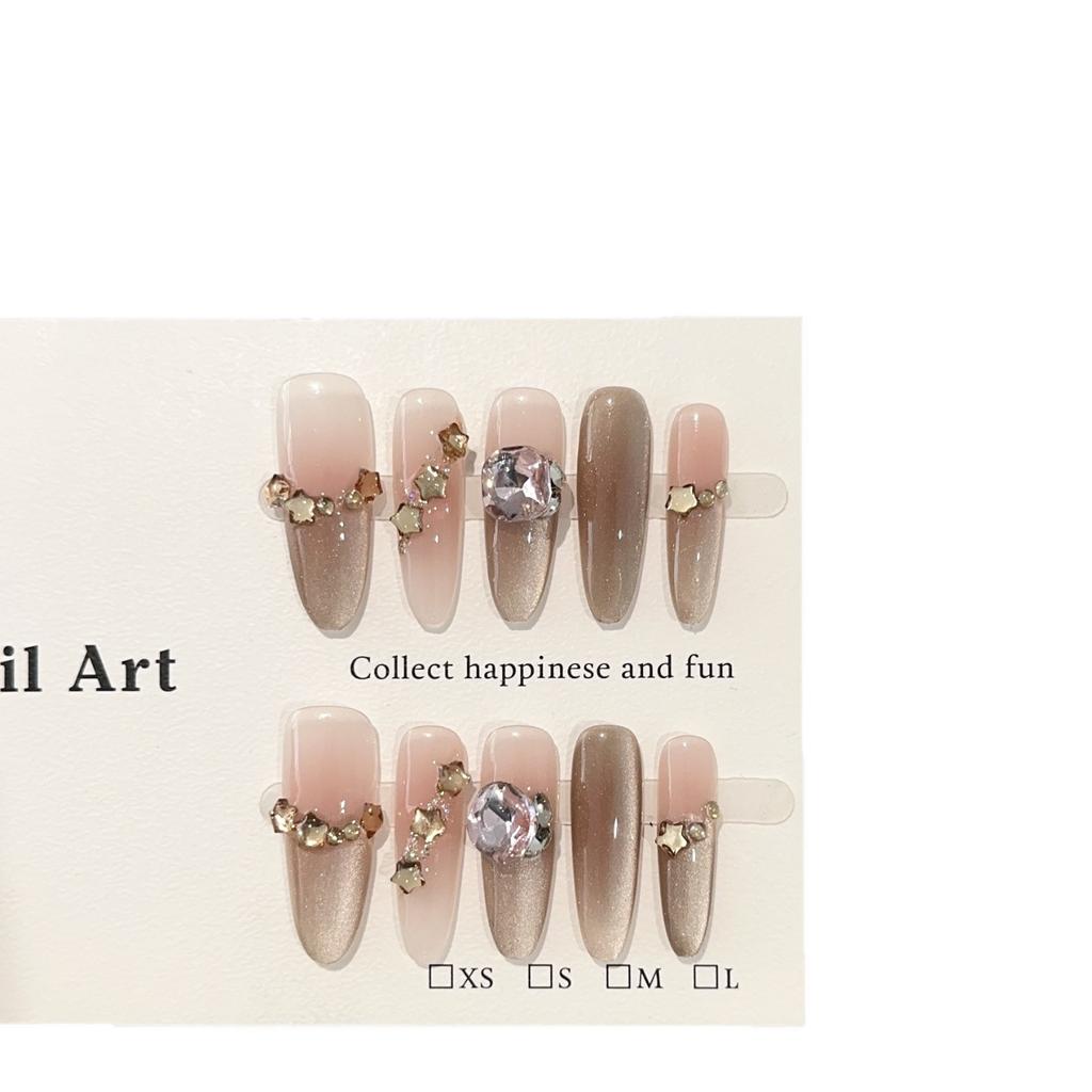 Women Long Press‑On Nails Pure‑Handmade Brown Cat‑Eye Light Luxury Pile Rhinestone False Nail Patches