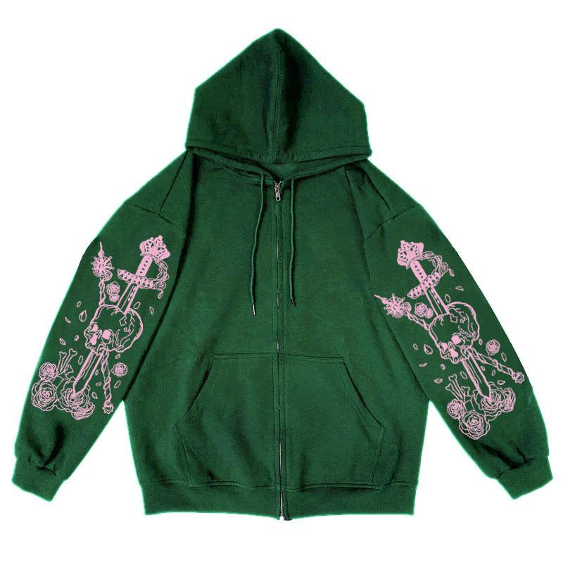 Retro Black Printed Zipper Hoodie: Women's Korean, European, & American Style Sweatshirt