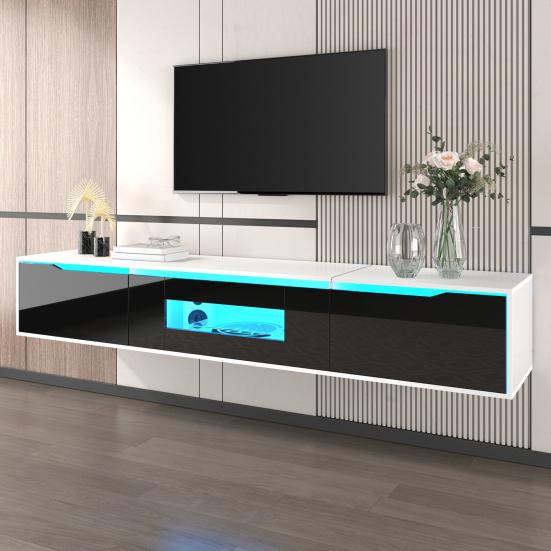 TV Media Cabinet Cabinet High-Gloss Color-Coordinated with Black Storage and White Featuring Color-Changing LED Light Home Decor
