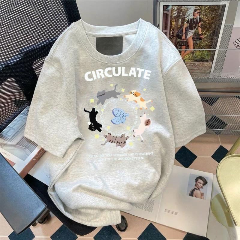 Женский летний новый свободный повседневный топ с короткими рукавами и принтом котят