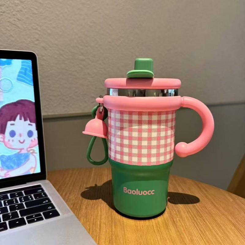 Kids Insulated Stainless Steel Water Bottle With Handle Straw 600ml Cartoon Design School Travel