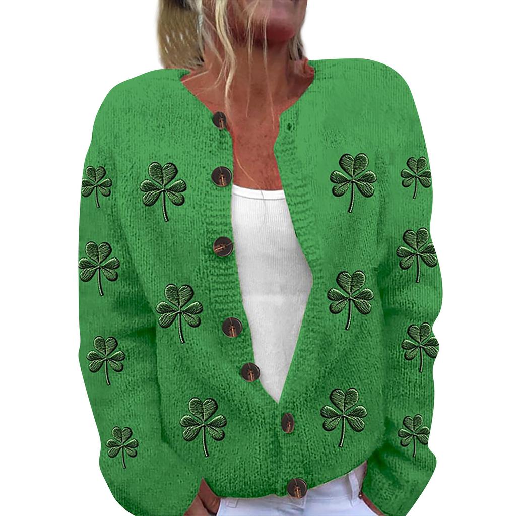 Женская мода ул.. Вязаный кардиган с длинными рукавами и принтом Патрика на пуговицах