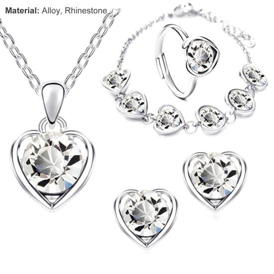 4 шт./компл. блестящее элегантное ожерелье, серьги, браслет, кольцо, регулируемый женский комплект ожерелья с подвеской в ​​виде сердца со стразами