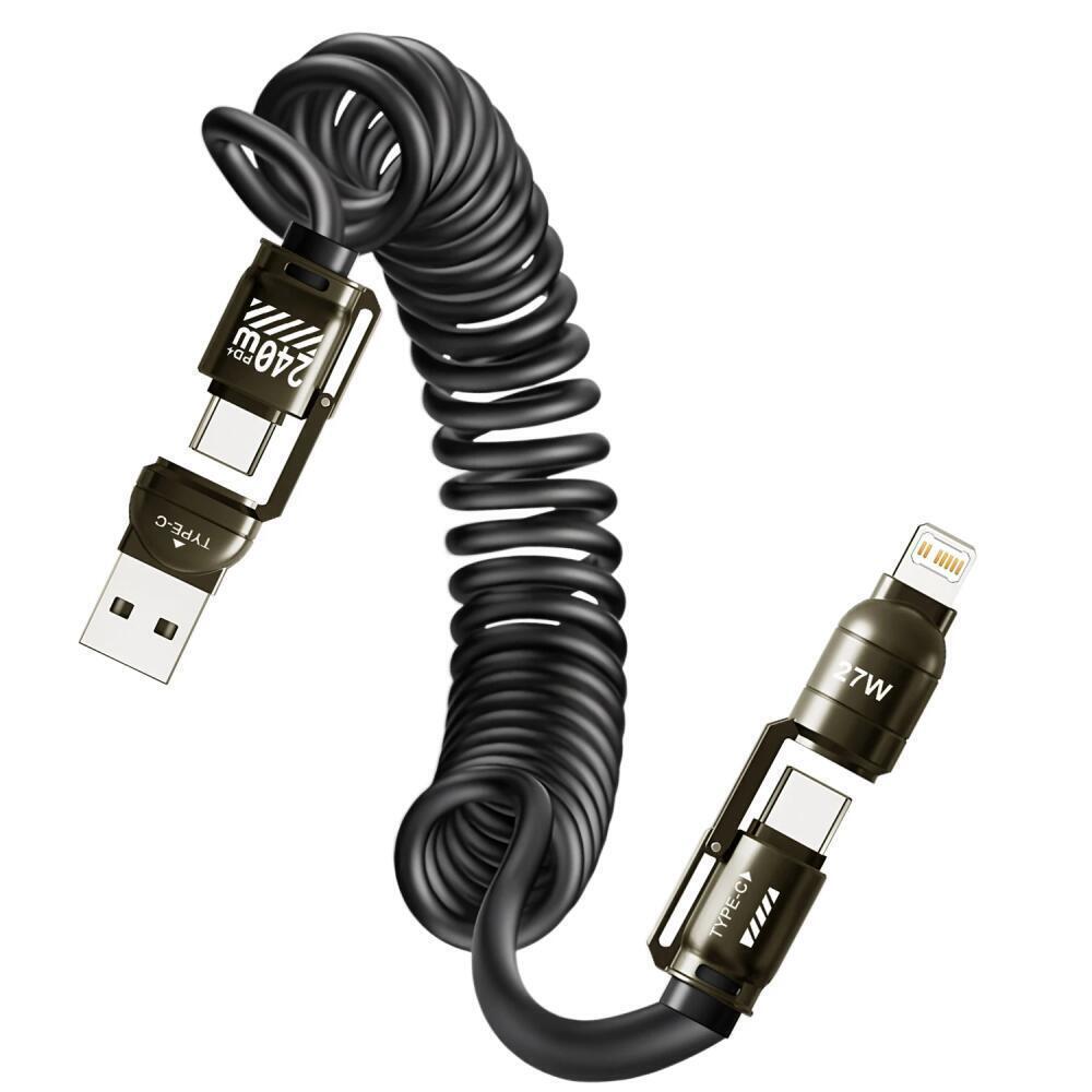 240 Вт 4-в-1 Быстрая зарядка Пружинный кабель данных Выдвижной Multi USB Type-C на Lightning Type-C для телефона Планшета