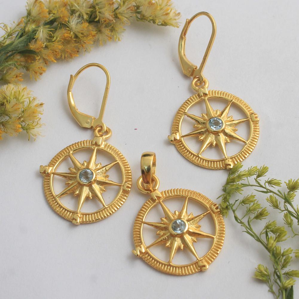 Серьги-подвески «Компас» с синим топазом, ювелирные изделия из 100% стерлингового серебра 925 пробы с желтым золотом