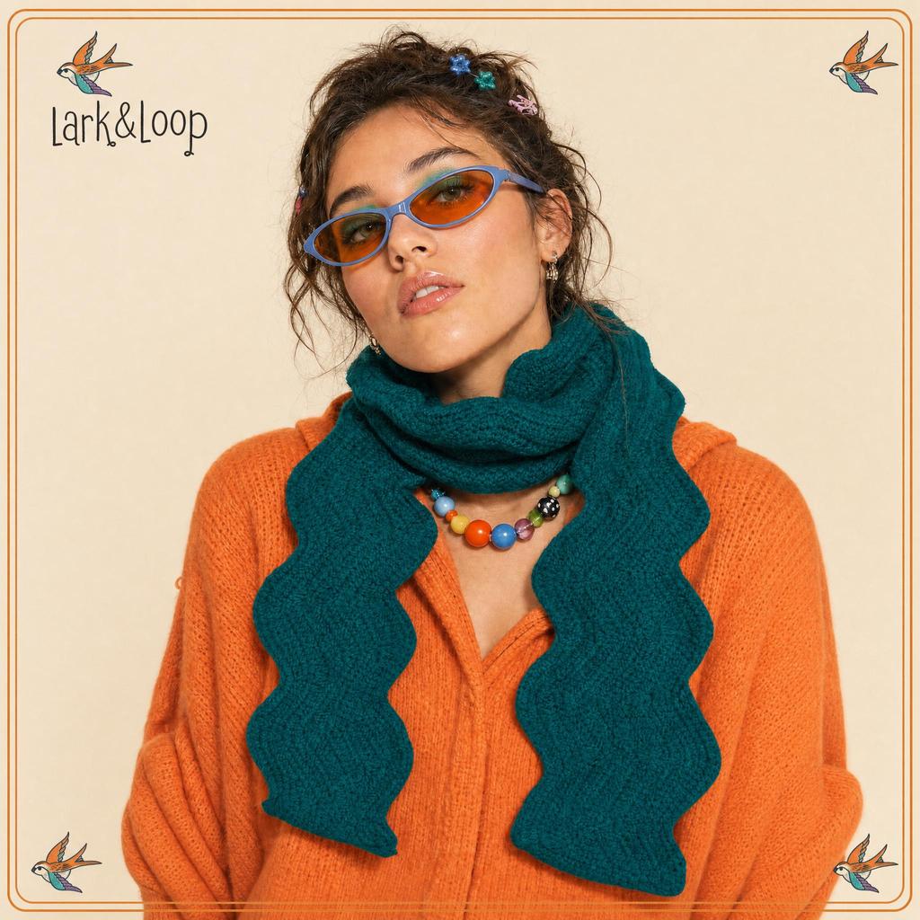 Hand Crochet Wavy Scarf Handmade Ripple Knit Neck Wrap Emerald Green Slim Wave Scarf for Women Autumn Winter