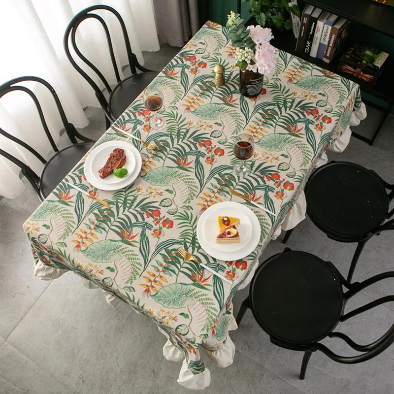 Скатерть с зеленым растительным узором и воланами, прямоугольная круглая хлопково-льняная пылезащитная настольная скатерть, декоративная скатерть для ресторана