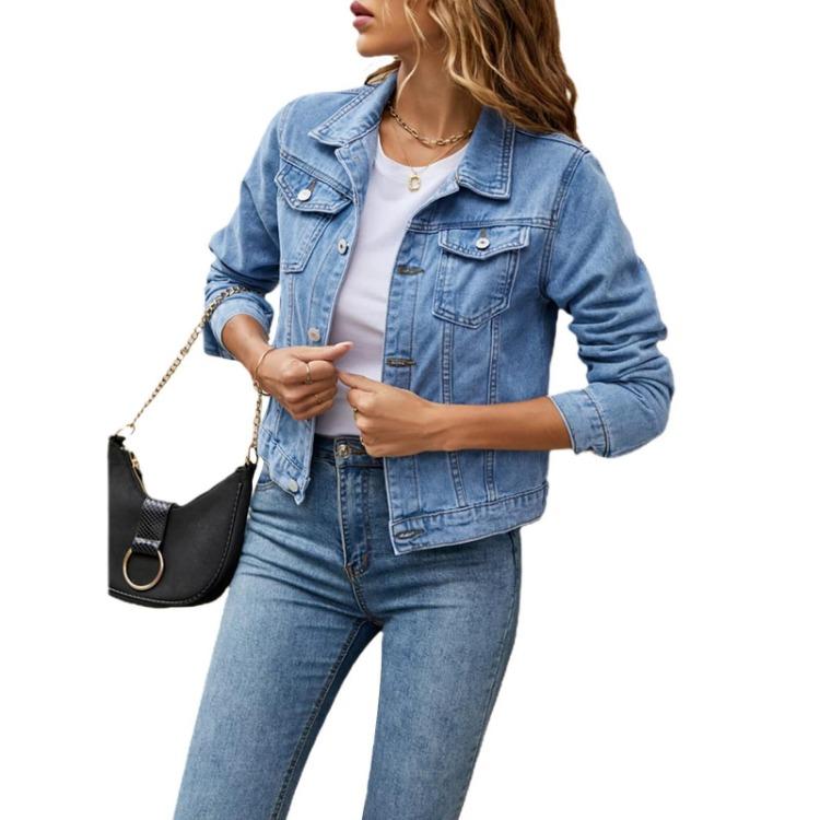 Модная женская приталенная джинсовая куртка, повседневный приталенный топ с карманами, блузка
