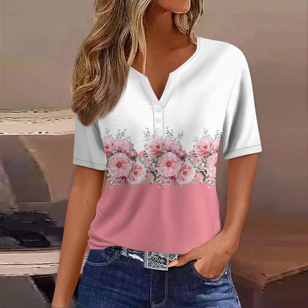 Women's T Shirt Tee Print Button Short Sleeve Daily Weekend Fashion Basic V- Neck Regular Top