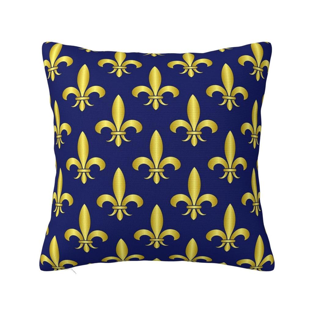 Gold Blue Fleur De Lis Royal Lily Square Pillowcase Pillow Cover Polyester Cushion Decor Comfort Throw Pillow for Home Car