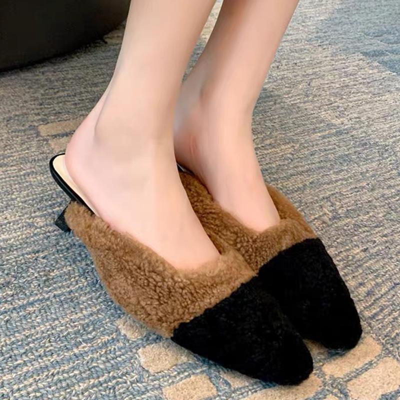 Winter Fur Shallow Women Slippers Pointed Toe Fashion Mid Heels Shoes 2025 Trend Designer Elegant Pumps Dress Chaussures Ladies
