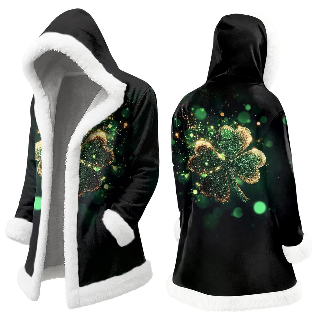 Unisex Casual And Fashionable Plush Collar Hooded Long Sleeved St. Patrick's Print Jacket
