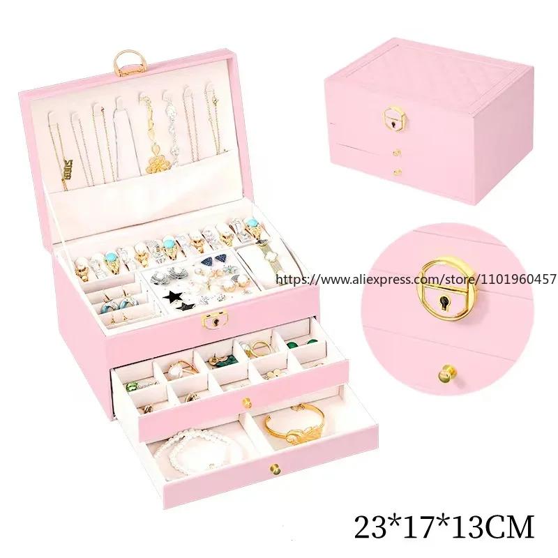 Large Capacity Light Luxury High-End Exquisite Jewelry Box 2025 New Necklace with Lock Earrings Anti-Oxidation Storage Box