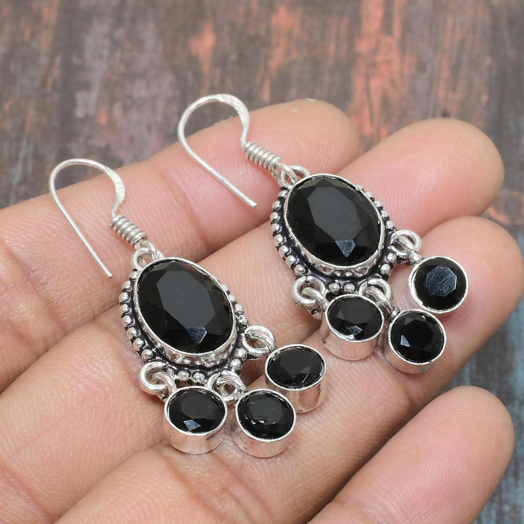 Black Spinel Gemstone Handmade Solid 925 Sterling Silver Jewelry Earring For Thanksgiving