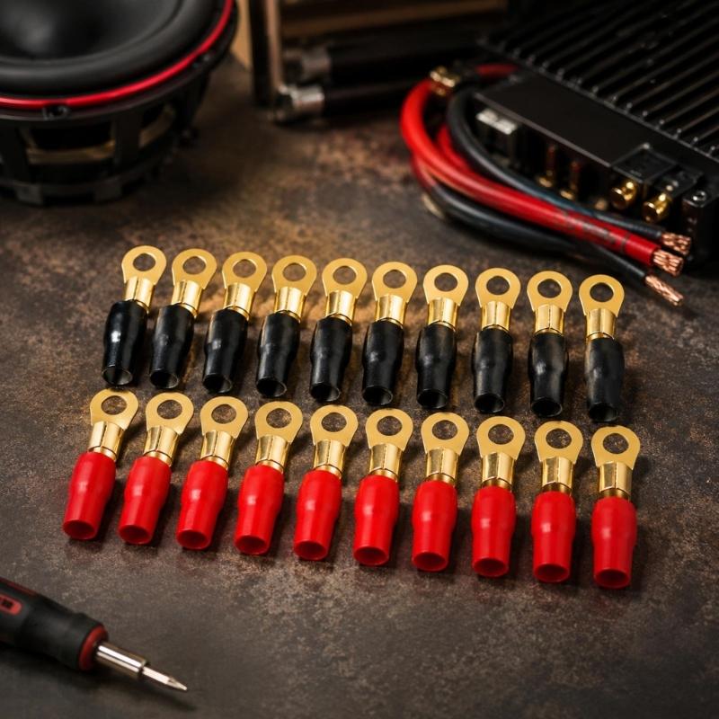 Силовые клеммы-кольца для автомобильной магнитолы под кабель 4 AWG, 20 латунных штук с отдельными красными и черными защитными колпачками для установки усилителя