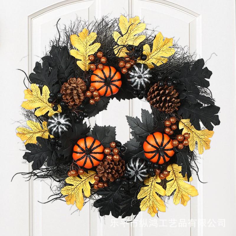 Halloween Wreath Decor With Plastic Skulls Maple Leaves Party Door Wall Hanging Decoration