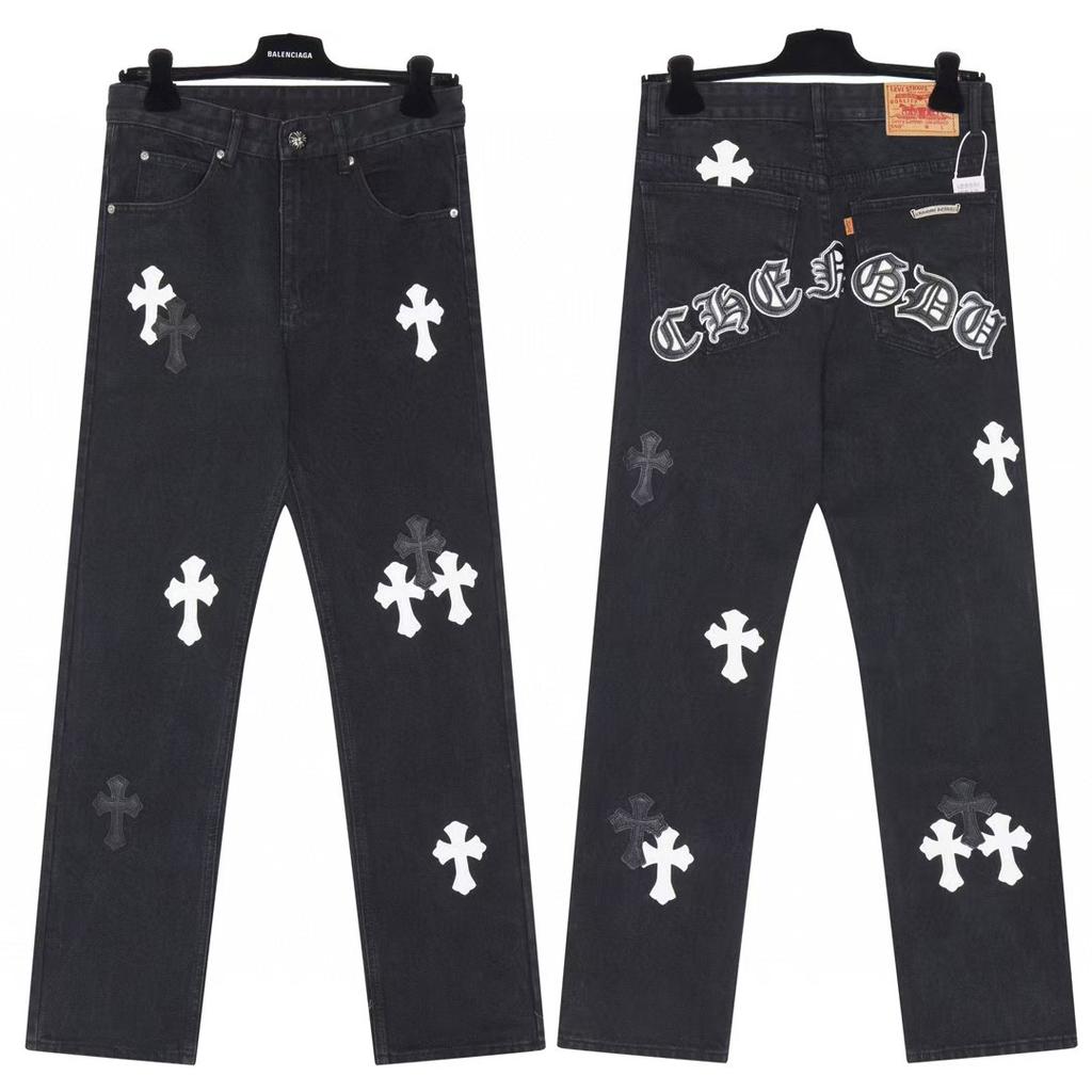 9903 CHROME HEARTS Men's and Women's American Style Trendy Jeans with Fabric Patches, Casual and Fashionable High Street Pants