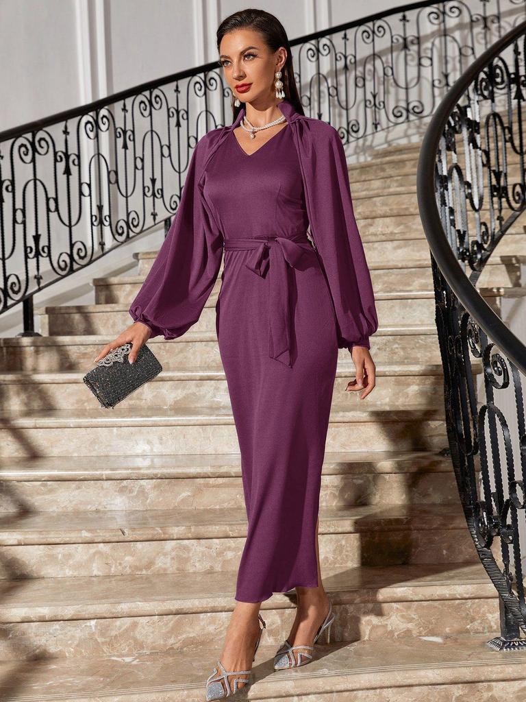 Элегантное облегающее платье с V-образным вырезом и рукавами-фонариками 2025 - Женская трансграничная мода