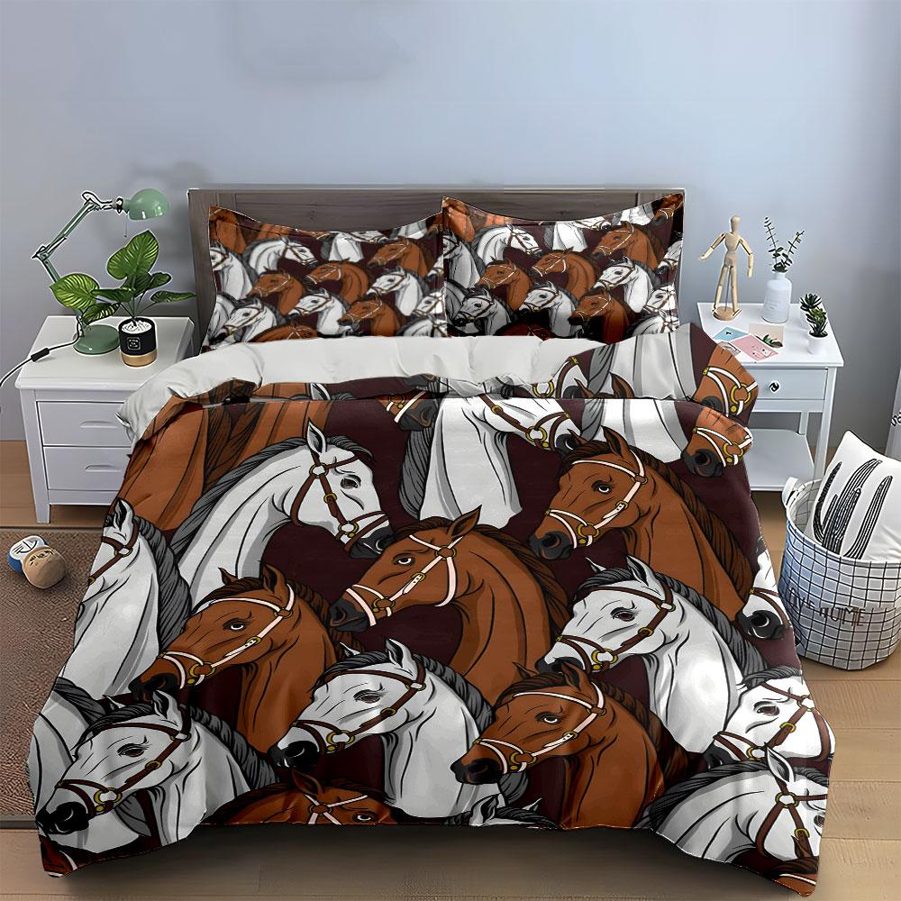 "Elegant Horse Pattern Three-Piece Set" kid's and adults' bedroom decor, Exquisite three-piece bedding set gift