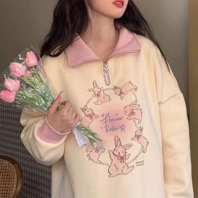 Мультяшный кролик, пуловеры поло с высоким воротом, женская одежда с принтом, милая мода, молния, весна, осень, контрастные цвета, толстовки, новинка